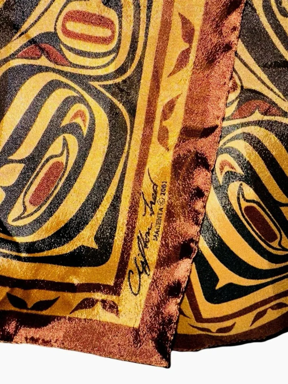 Clifton Fred Magenta 2001 Bear Box Tribal Design in Copper Oblong Scarf 60"x13" - Picture 4 of 5